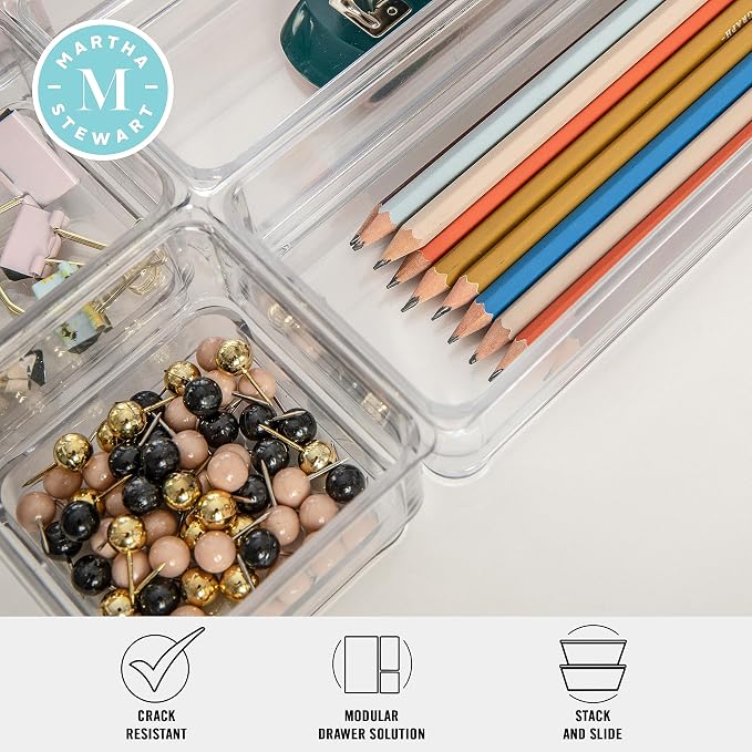 Martha Stewart Miles Stackable Desk Drawer Organizers, Clear, 6-Pack | Various Sizes, Stackable