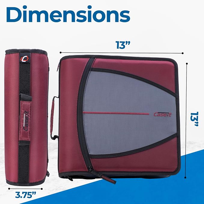 Case-it School Zipper Binder | 3" O-Rings | 600-Sheet | D-146 Red Burgundy | Mighty Zip Tab, 5-Subject Expanding File Folder, Multiple Pockets, Storage Organizer, Shoulder Strap, Office