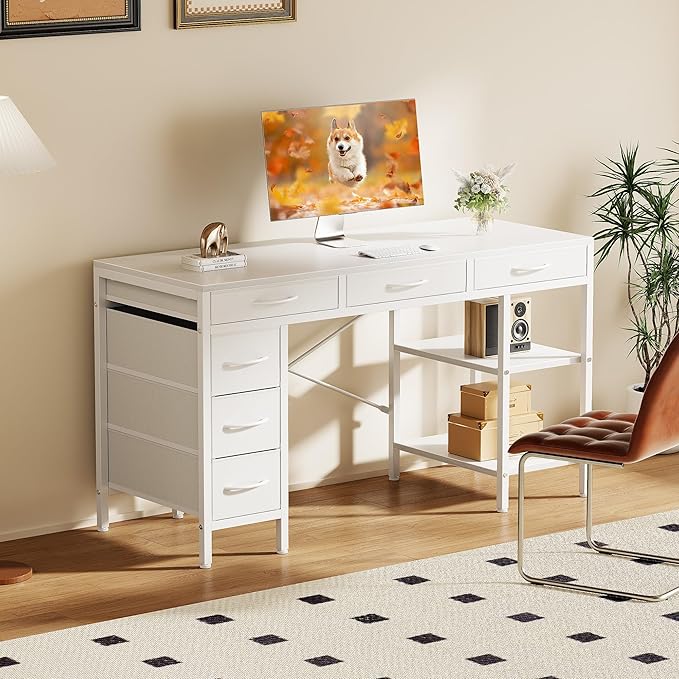 Sweetcrispy 55" Computer Desk with 6 Fabric Drawers & Storage Shelves | Reversible Gaming Desk, Office Desk, Computer Workstation, Corner Desk with Storage, Home Office, Living Room, White