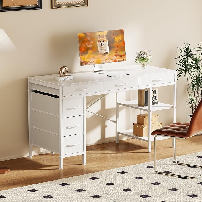 OLIXIS 56 Inch Computer Desk with 6 Fabric Drawers, for Home Office Work | 6 Fabric Drawers & Reversible Gaming Desk, Office Workstation, Corner Desk with Storage, Home Office,Living Room, Dorm, White