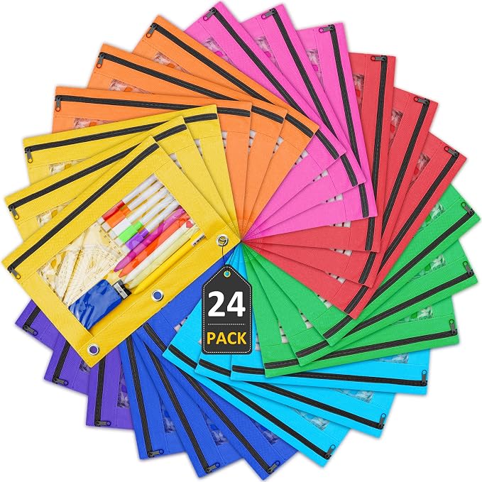 EAONE Pencil Pouch for 3 Ring Binder Set of 24, Zipper Binder Pouches Pencil Case Bulk for School Classroom Supplies/Student/Office/Home, 10 x 7.5 inch, 8 Colors