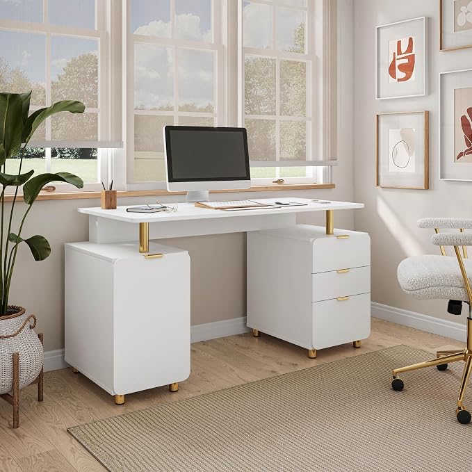 Techni Mobili 57"W Computer Desk w/ 3 Drawers & Storage Cabinet, White/Gold | Home office workstation, durable construction, everyday productivity, Ideal for home office, Workspace organization