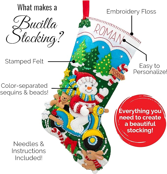 Bucilla Felt Applique 18" Stocking Making Kit, Christmas Town, Perfect for DIY Arts and Crafts, 89528E