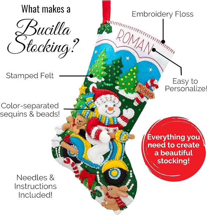 Bucilla Felt Applique Stocking Kit, Santa's Gift Galore 18" Felt Applique Stocking Making Kit, Perfect for DIY Arts and Crafts, 89560E