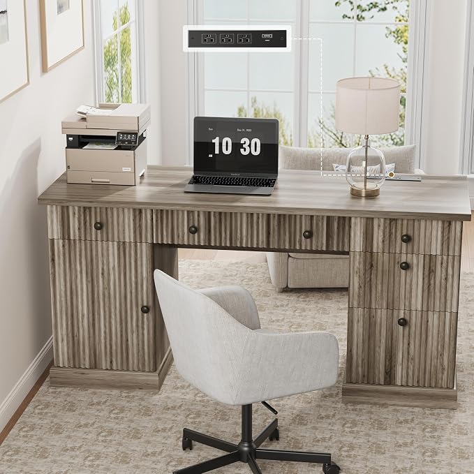 Garvee 60" Office Desk with Storage & Drawers for Home Office, Grey | Fluted Wood Executive Desk with File Drawer & Charging Station, Modern Computer Desk with Adjustable Shelves