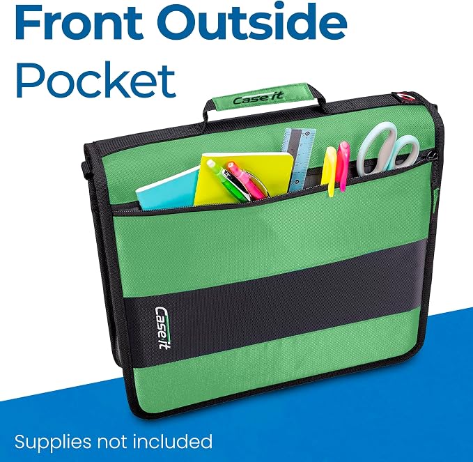 Case-it School Zipper Binder | 2" O-Rings | 350-Sheet | D-251 Canopy Green | Classic, Multiple Storage Pockets, Shoulder Strap, School & Office Organizer