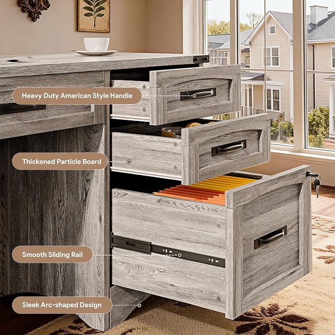 Decofy Farmhouse Executive Desk with Drawers, 55" Home Office Desks with Fast Charging Station, Lockable File Cabinet, Wood Writing Computer Desk for Work, Study, Grey