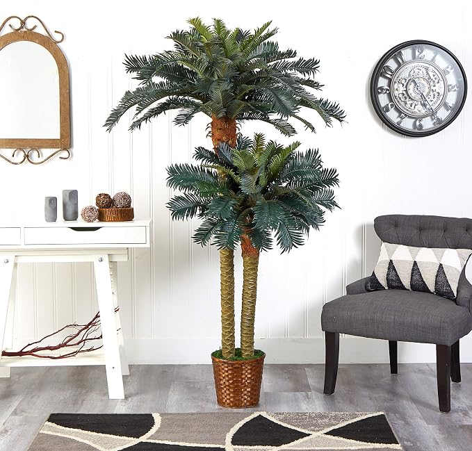 Nearly Natural 6 ft Artificial Sago Palm Double Tree Basket Floor Plant | Two Realistic Trunks, Eighty Lifelike Palm Leaves, Ten-Inch Wicker Basket Included, Premium Indoor Home Decor Accent