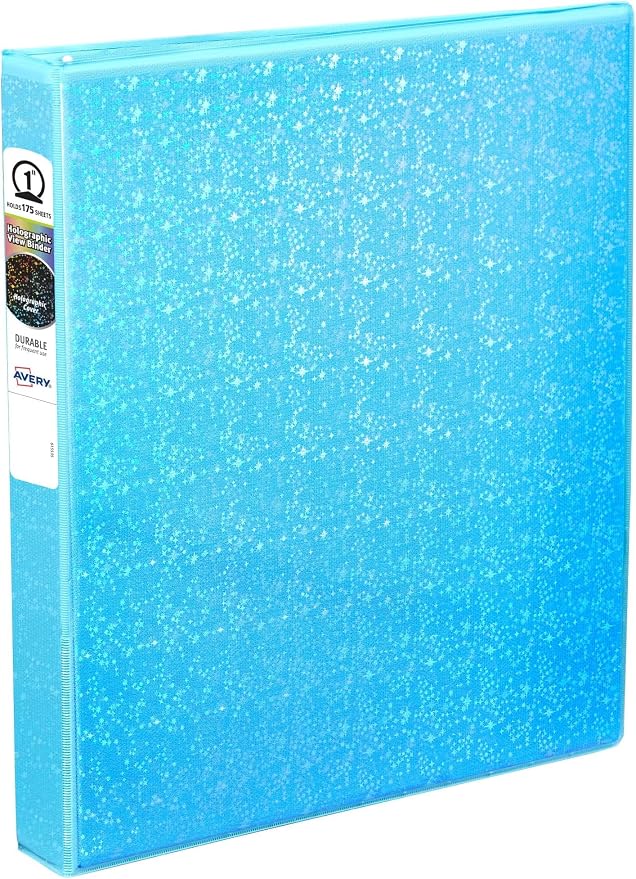 Avery Luxe Collection Durable Holographic 3 Ring Binder, Customizable View Cover, 1 Inch Round Rings, 1 Holographic Aqua Binder (03224) (Pack of 6)