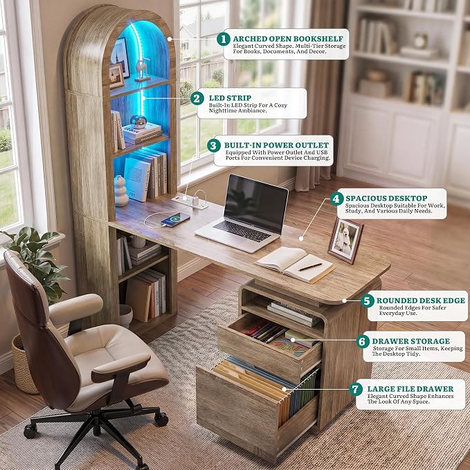 YITAHOME 59" Computer Desk, Oak | LED Lights & Power Outlets, Bookshelf, File Drawer & Storage Shelves, USB Ports