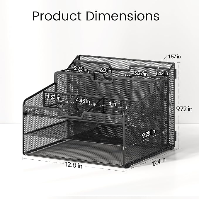 Lavatino Desk Organizer - Metal Mesh with 2 Paper Letter Trays, 7 Flexible Dividers, 2 Vertical File Holders for Office/Home/Classroom Supplies, Desk Organizers and Accessories, Black