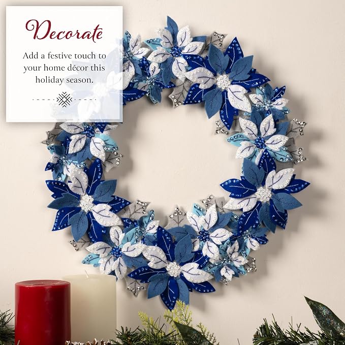 Bucilla Felt Applique Wreath Making Kit, Winter Blue Poinsettia, Perfect for DIY Arts and Crafts