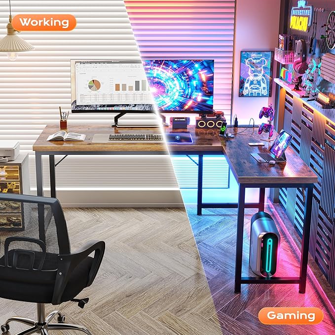 Huuger 55 Inch L Shaped Desk with Power Outlets & 0.95 Inch Thicker Desktop | Reversible Computer Desk, Larger Office Corner Gaming Desk, Metal Frame, for Home Office, Study, Rustic Brown