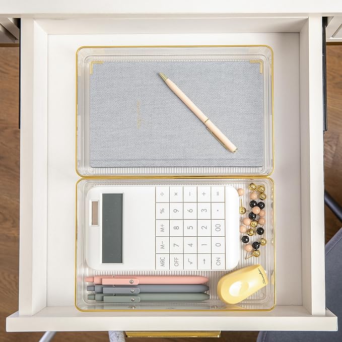Martha Stewart Kerry Stackable Desk Drawer Organizers, Clear/Gold, 3-Pack | 9x6 in Organizers, Gold Trim, Stackable