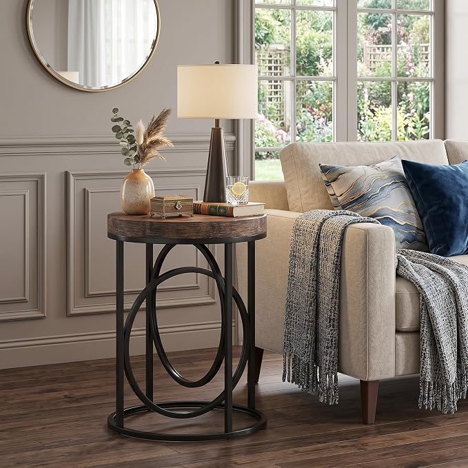 LITTLE TREE 20” Round End Table with Thick Wood Top，Modern Sofa Side Table with Gold O-Shaped Base, Midcentury Accent Table Cocktail Table Nightstand for Living Room Bedroom