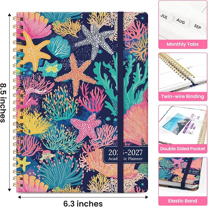 Taja Planner 2026-2027, Jul 2026-Jun 2027 Monthly & Weekly Calendar Planner | 6.3" x 8.5", Hardcover Academic Calendar, Teacher Student Agenda Book with Tabs, School Office Supplies, Coral Reef