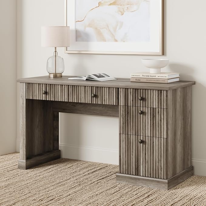 IDEALHOUSE Modern 54" Executive Office Desk with Fluted Details & Charging Station - Wooden Computer Desk with File Drawers, Home Office Storage Desk for Study, Living Room or Bedroom, Rustic Gray
