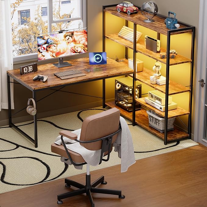 Pamray 49 Inch L Shaped Gaming Computer Desk with Shelves and Storage | Compact Reversible Design with LED Lights & Power Outlets, Suitable for Home Office Bedroom Small Spaces and Dorm Study Work