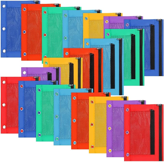 Zhehao 20 Pcs Pencil Pouch 10.24 x 7.28 Inch 3 Ring Binder Zipper Pouches Pencil Bags with Mesh Window Binder Pencil Case for Office School Students Supplies (Multicolor)