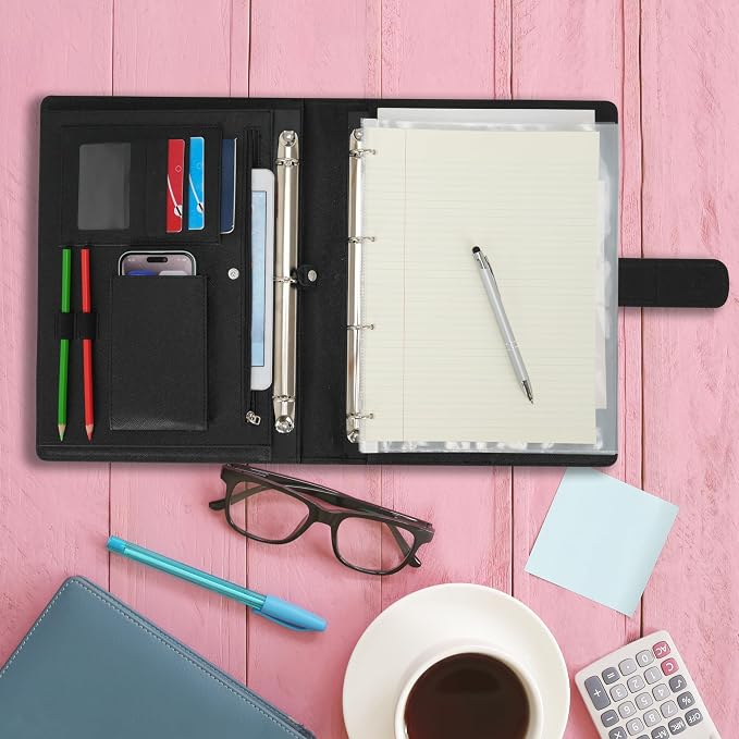 Wonderpool A4 PU Leather 3 & 4 Ring Holder Writing Portfolio Multi Document Case with Removable Binder Clipboard and Functional Pocket for Organizer Office Travel School (Black)