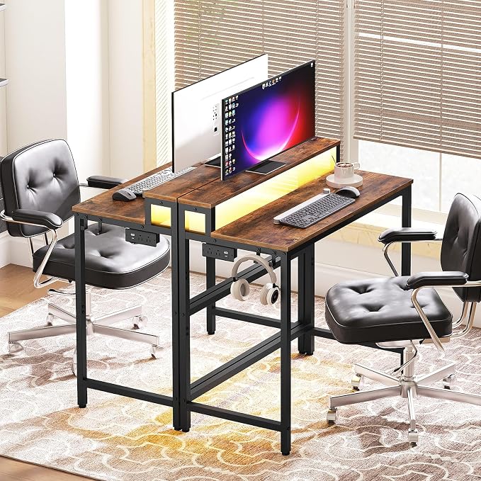 Small Computer Desk with Charging Station and LED Lights, Gaming Desk with Monitor Stand, 2-Tier Home Office Desk with 4 Side Hooks, for Living Room, Home Office, Rustic Brown DN01UDBRY2