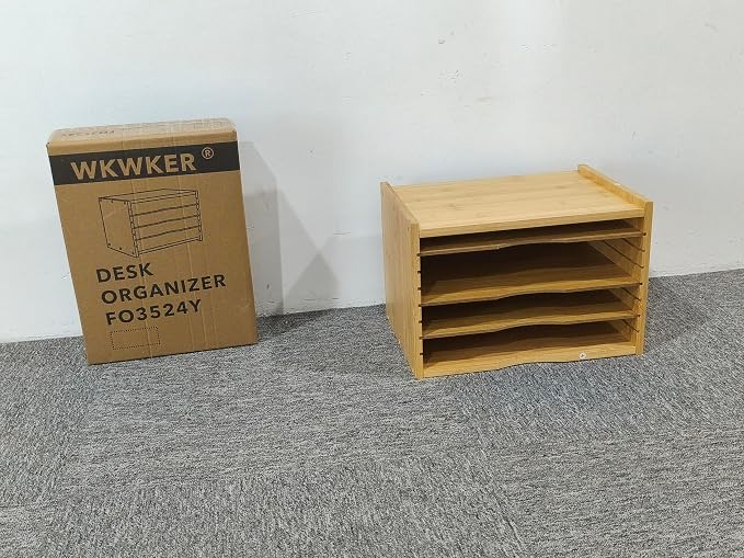 WKWKER File Organizer with 3 Adjustable Shelves Bamboo Document Letter Tray Paper File Sorter for Desktop Office Home Study Workstation Desk Storage Rack (Natural)