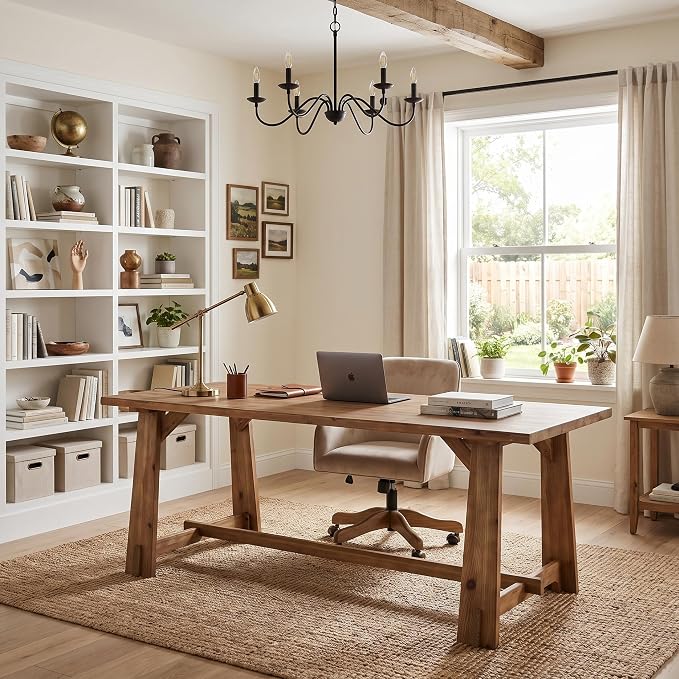 LITTLE TREE 63" Long Large Wood Desks, Solid Wood Office Desk | Farmhouse Executive Computer Desk, Large Work Writing Table, Rustic Brown Business Furniture for Home