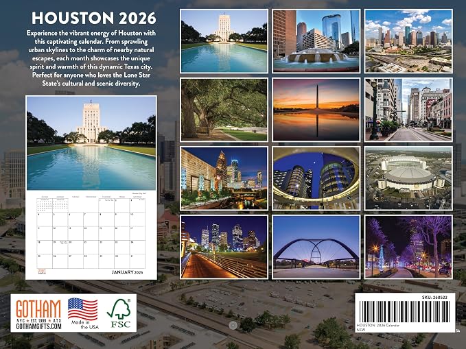 Houston Calendar 2026 Wall 12 Month Monthly TX Scenic Souvenirs Themed Gifts | American Made In The USA
