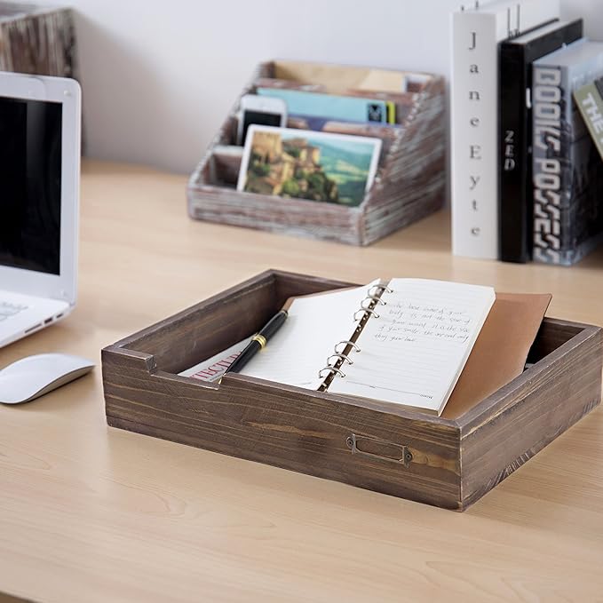 MyGift Set of 2 Vintage Distressed Finish Brown Wood Stackable Office Desktop Document Letter Paper Tray