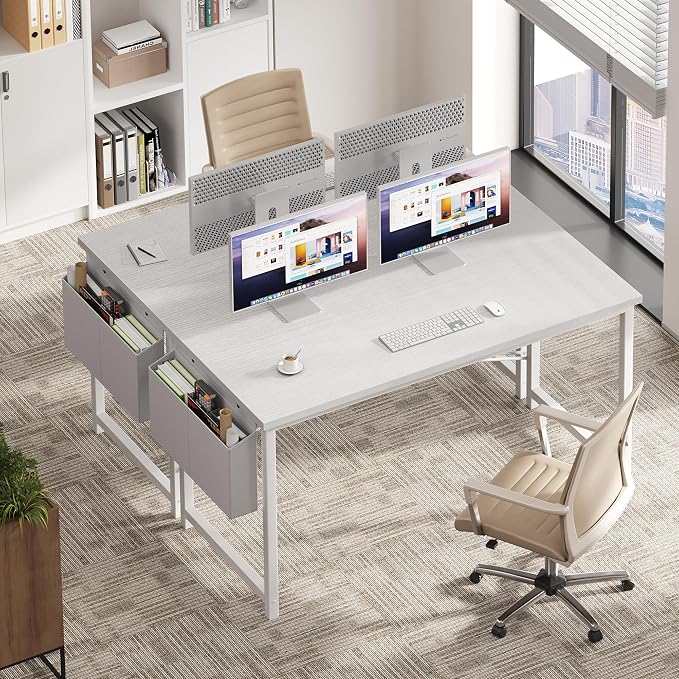 OLIXIS Computer Desk, 55 Inch Gaming Desks for Home Office Small Spaces | Writing Study Craft Work Table, Computer Workstation for Bedroom with Storage Bag, All White