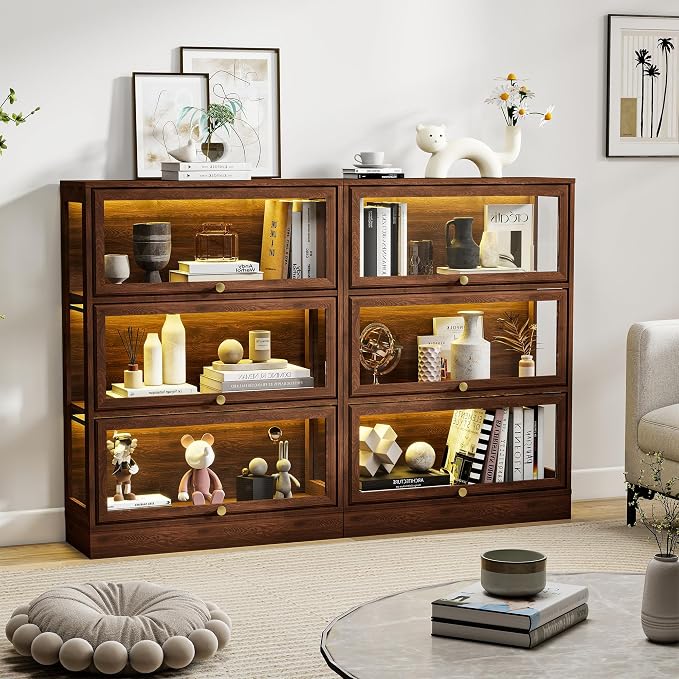 Display Cabinet with Acrylic Glass Doors,3-Tiers Curio Cabinet with LED Lighting for Collectibles, Collectibles Toy Organizers Rack & Display Shelf Display Case Storage Cabinet,Walnut