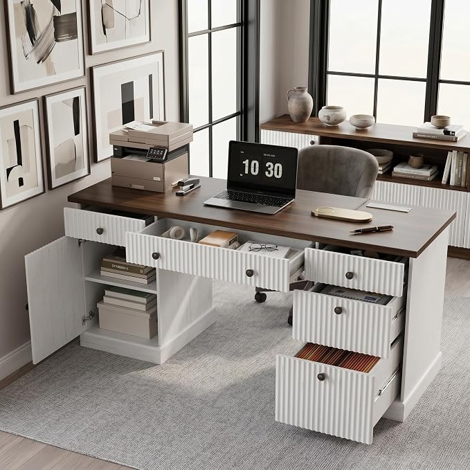 Garvee 60" Office Desk with Charging Station for Home Office, White | Fluted Wood Executive Desk with Filing Cabinet & Storage Cabinet, Modern Computer Desk with Adjustable Shelves