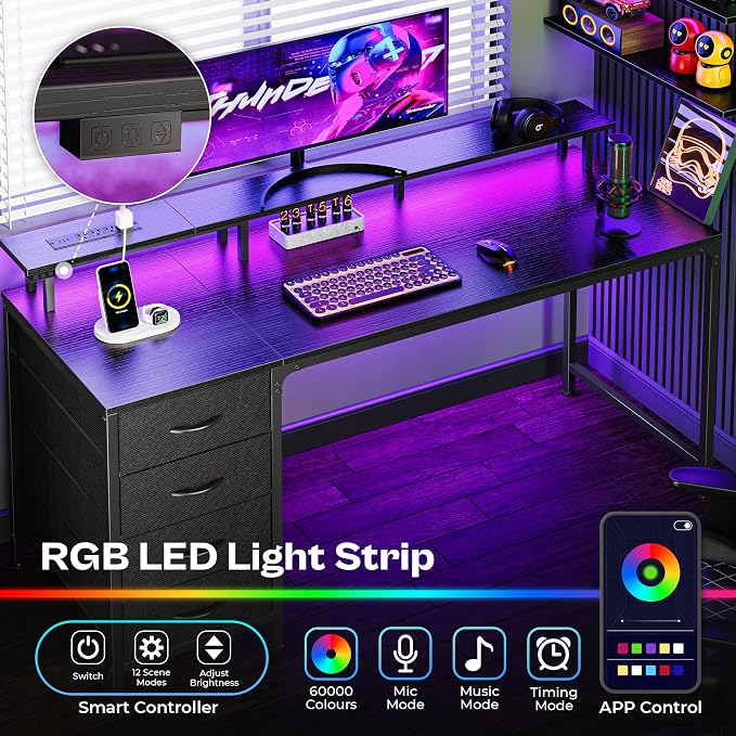 Huuger 55 Inch Computer Desk with Power Outlets and LED Lights, Gaming Desk with 4 Drawers, Office Desk with Monitor Stand, Study Work Home Office, Black