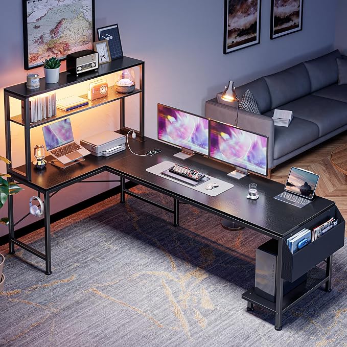 L Shaped Gaming Desk with LED Lights & Power Outlets | Reversible Computer Desk with Storage Shelves & Bag, Large Corner Home Office Desk with Pegboard for Work from Home, Black