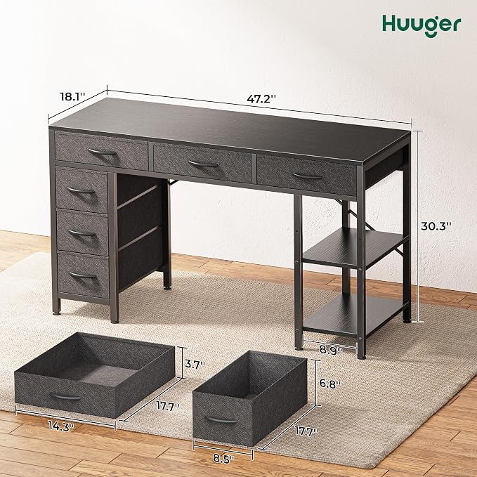 Huuger Computer Desk with 6 Drawers, Office Desk with Shelves, Reversible Gaming Desk, Corner Desk with Storage, Work for Home Office, Study, Living Room, 47inch, Black
