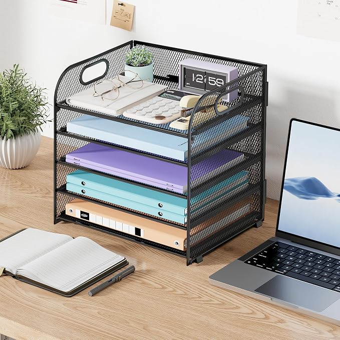 Cawukege 2 Pack 5 Tier Paper Organizer, Letter Tray with Handle, Mesh Desk Organizer, Metal File Organizer, Office Desk Accessories for Home, Office, Classroom, School -Black