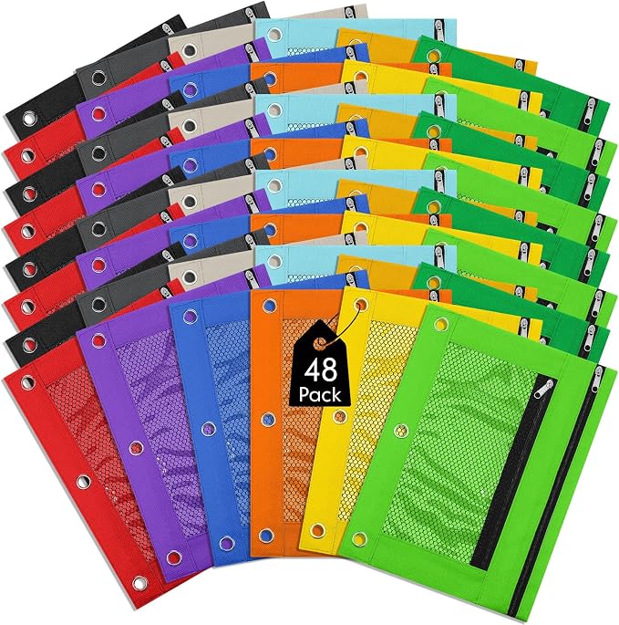 Leelosp 48 Pack Pencil Pouch for 3 Ring Binder,Multi-color | Bulk Mesh Zipper Binder Pouches Pencil Boxes for Classroom Pencils Case Bags for Storing School Students Teacher Supplies