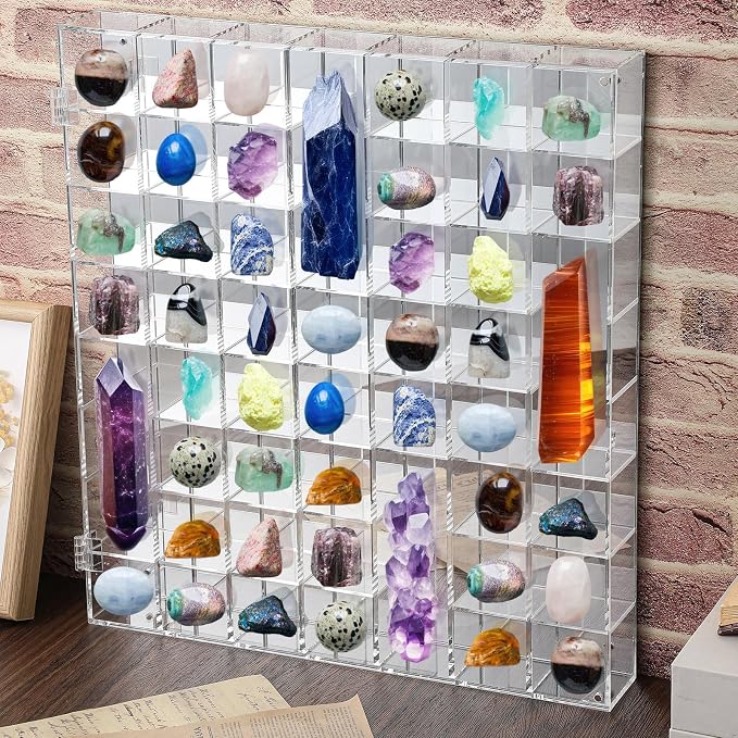 Cinnvoice Rock Display Case 20 Grids, Black Border, Square | Adjustable Acrylic Display Case, Crystal Organizer for Collectible, with Built-in Mirrored, Magnetic Door, Wall Mount
