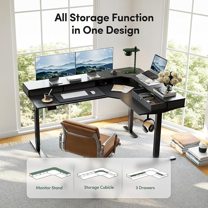 CubiCubi 63x48 Inches L Shaped Standing Desk with 3 Drawers and Monitor Shelf, Height Adjustable Corner Computer Desk with Hooks, Sit Stand Up Ergonomic Home Office Workstation Table, Black