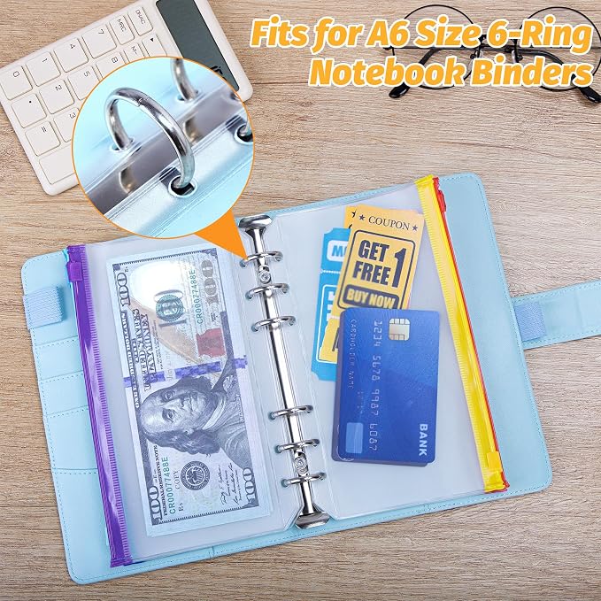 Antner 20PCS A6 Binder Pockets 6-Hole Budget Binder Inserts, 10 Assorted Color Zipper Pouch Folders Cash Stuffing Envelopes for Budgeting, Loose Leaf Filling Bags Money Organizer for A6 6-Ring Binders