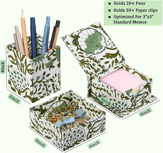 CPC Agate Green Block Print Set of 3 Desk Organizer Pen And Sticky Note Holder Cute, Aesthetic, Decor accessories, workspace organizers, Caddy Storage, Gift for Office, Professionals, Student
