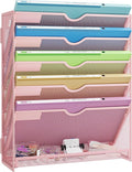 Pink Desk Organizer, Hanging Wall File Organizer with 6 Tiers | Metal Mesh Magazine & Mail Holder for Office Desk, Wall Mount Document Organizer for Home Decor