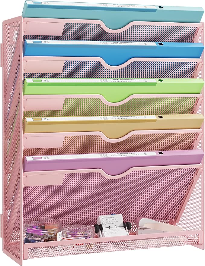Pink Desk Organizer, Hanging Wall File Organizer with 6 Tiers | Metal Mesh Magazine & Mail Holder for Office Desk, Wall Mount Document Organizer for Home Decor