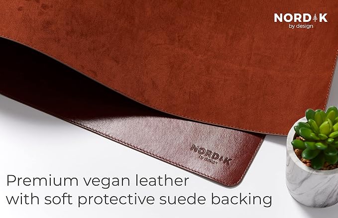 Nordik Leather Desk Mat - Whiskey Brown - Large Leather Desk Pad (35x17 in) | Premium Vegan Leather Desk Pad with Cable Organizer, Giftable, Extended Waterproof Mouse Mat, Non-Slip Desk Pad Protector