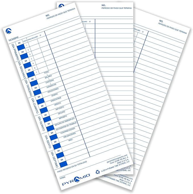 Pyramid Time Systems 35100-10S Spanish Time Cards, 100 Pack