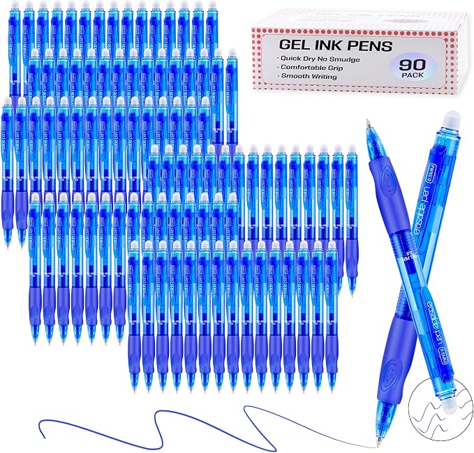 USUAL 90 Blue Retractable Erasable Gel Pens Clicker, Fine Point(0.5mm),Blue Ink for Planners,Make Mistakes Disappear, Premium Comfortable Grip, Smooth Writing Pen Office Back-to-School Supplies