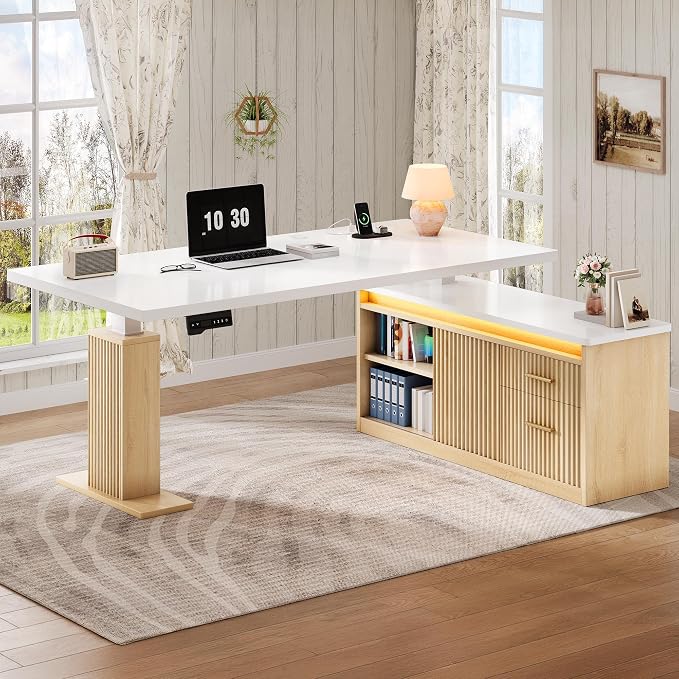 YITAHOME L Shaped Standing Desk with Power Outlets & LED Lights, 63" Electric Standing Desk Adjustable Height Sit Stand Corner Standing Desks with Drawers & Sliding Door, High-Gloss White+Natural Oak