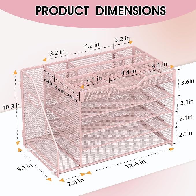 5 Tier Paper Letter Tray Desk Organizer with Pen Holders - Pink | Features 3 pen holders and 4 removable dividers.Versatile mesh desktop storage for mail, document,office supplie