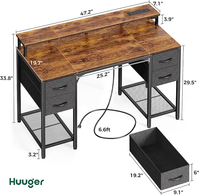 Huuger 47 inch Computer Desk with Power Outlets & 4 Drawers | Gaming Desk with LED Lights, Home Office Desk with Storage Space, Work from Home, Rustic Brown and Black