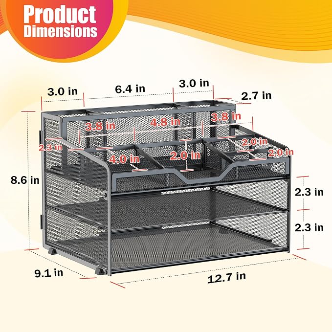 Docnest 3 Tier Mesh Desk Organizer with Letter Tray & Paper Sorter, Black | Features 3 built-in pen holders & 5 adjustable compartments on top. Includes 4 non-slip rubber feet for desk protection